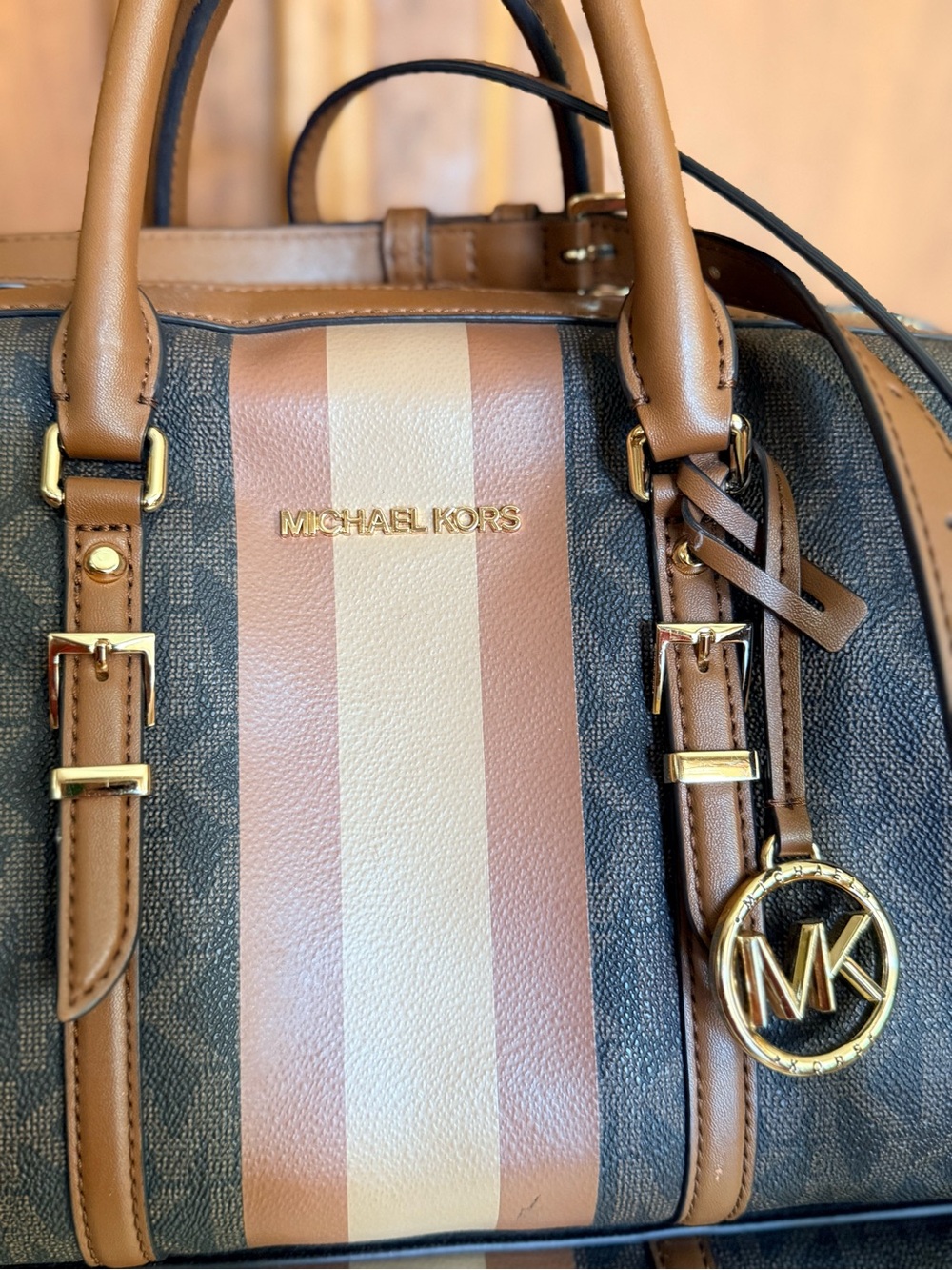 Michael Kors Brown satchel with tan and cream center stripes - Picture 3 of 6